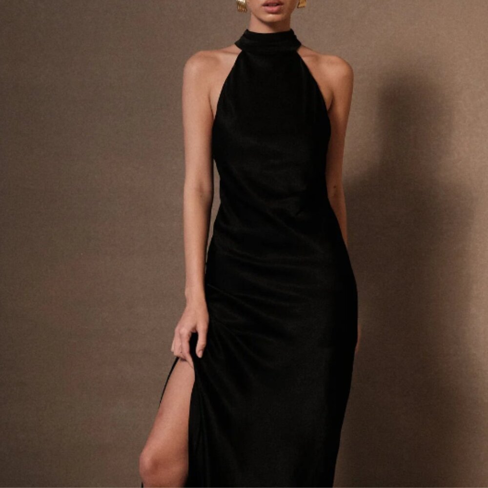 Satin Drape Back Maxi Dress with Split - Black
